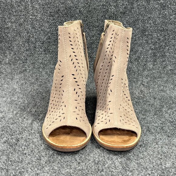 Toms Majorca Peep Toe Booties Womens 7.5 Taupe Suede Perforated Leaf Ankle Boots - Picture 2 of 13